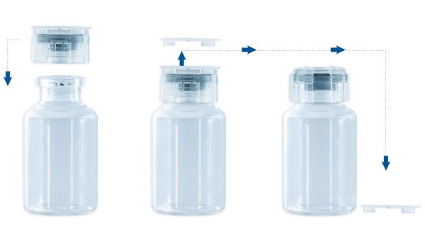 3 Flaschen mit Kunststoffdeckeln und integriertem Gummistopfen von Daikyo Plascap