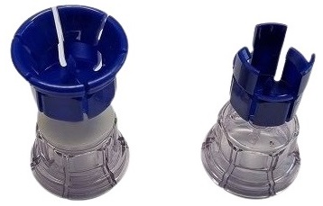 2 plastic vial adapters next to each other in blue